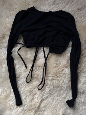 Black Long Sleeve Drawstring Crop Top